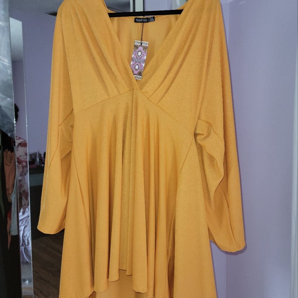 Boohoo Plus Plunge Kimono Sleeve Skater Dress - Mustard Size 18 - NWT